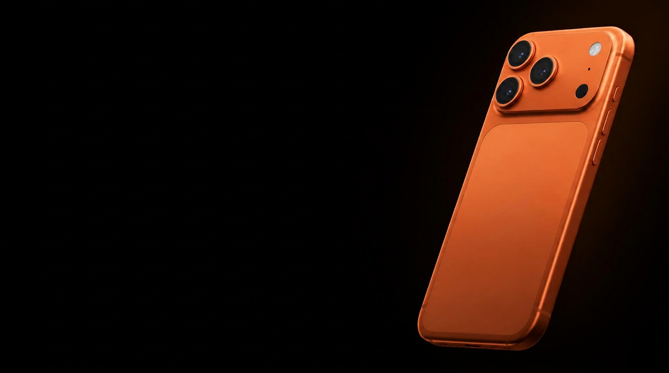 iPhone 17 Pro Max laranja em destaque sobre fundo escuro
