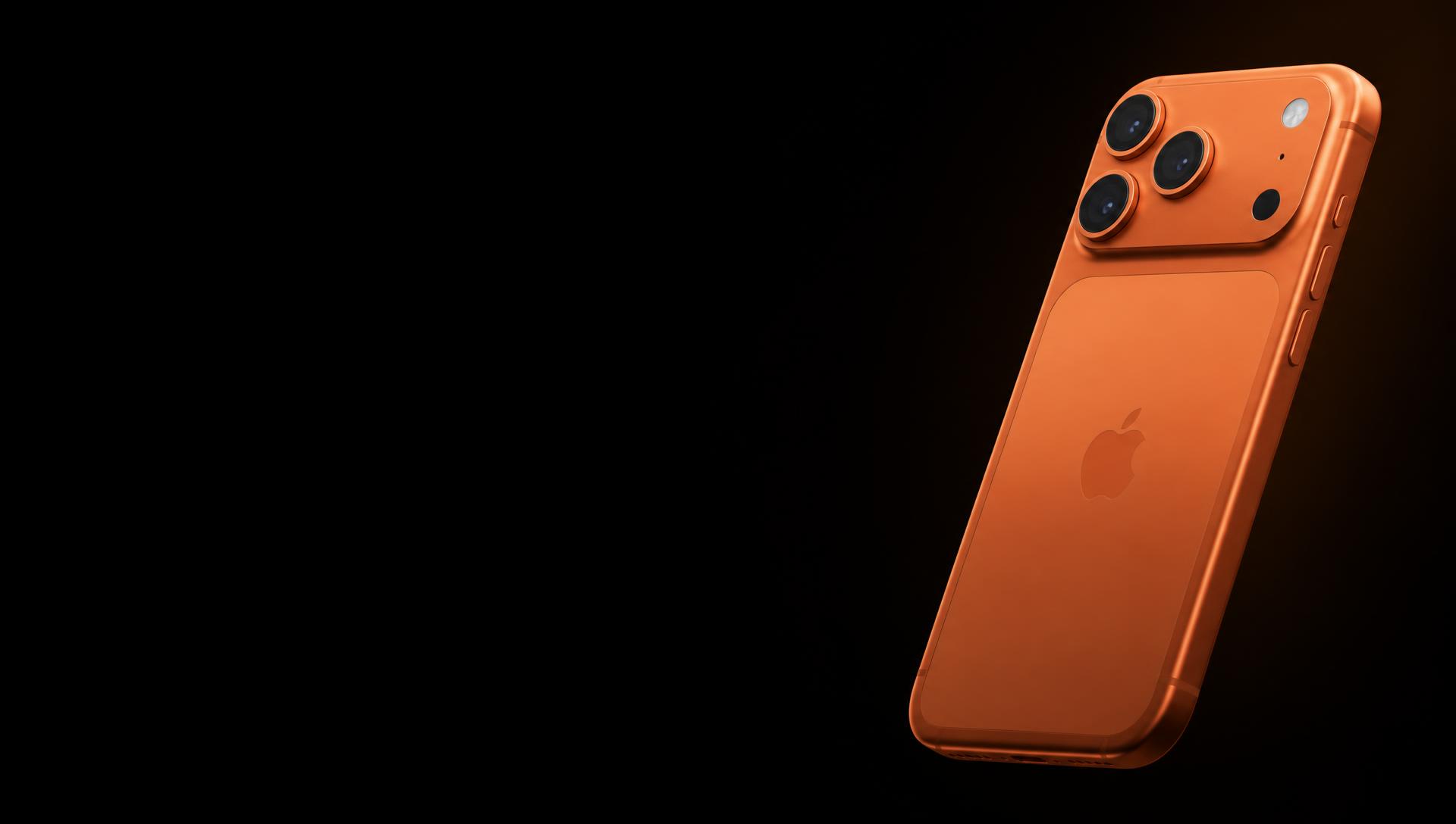 iPhone 17 Pro Max laranja em destaque sobre fundo escuro
